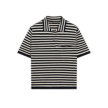 Summer New Women's Knitted Short Sleeve  Shirt Classic Stripes Preppy Style Casual Loose Fit Polyester Fiber 100%