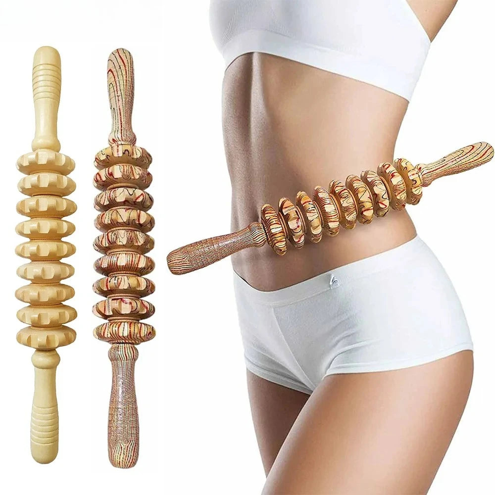 9 Rollers Wooden Massager Handheld Roller Stick Trigger Point Manual Massage Tools for Anti-cellulite, Body Muscle Pain Relief