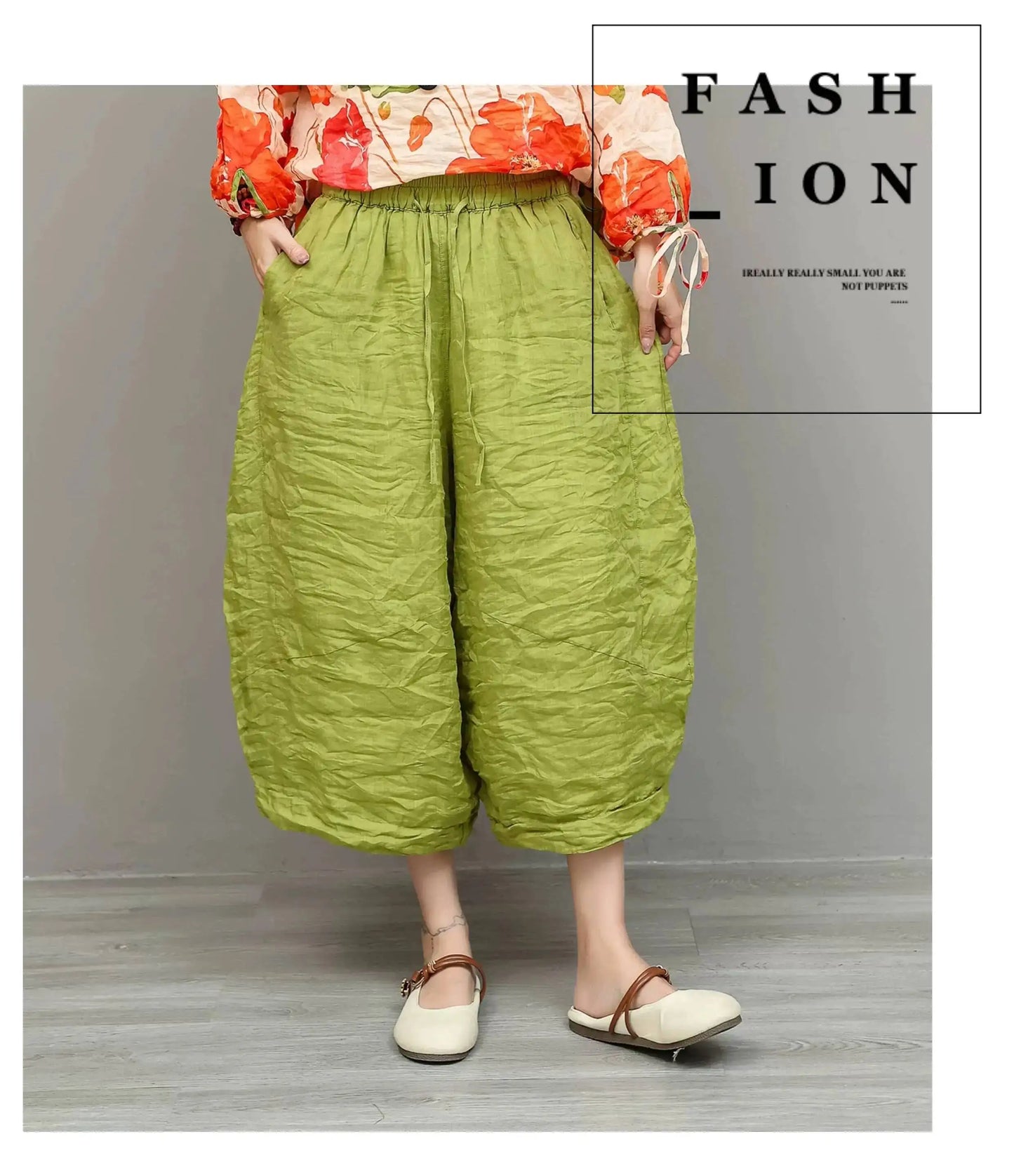 Artistic Ramie Suit Women Summer Floral Tie-up Top + Loose Wide-leg Cropped Pants Two-piece Set XY336