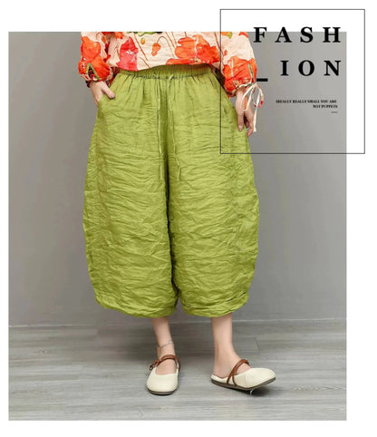Artistic Ramie Suit Women Summer Floral Tie-up Top + Loose Wide-leg Cropped Pants Two-piece Set XY336