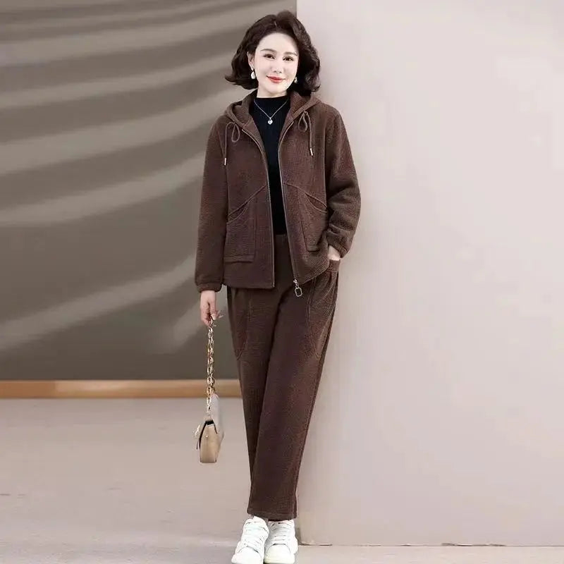 Winter Thickened Large Size Mid-aged Casual Two-piece Set Fleece-lined Comfortable Commute Style High Waist Long Pants