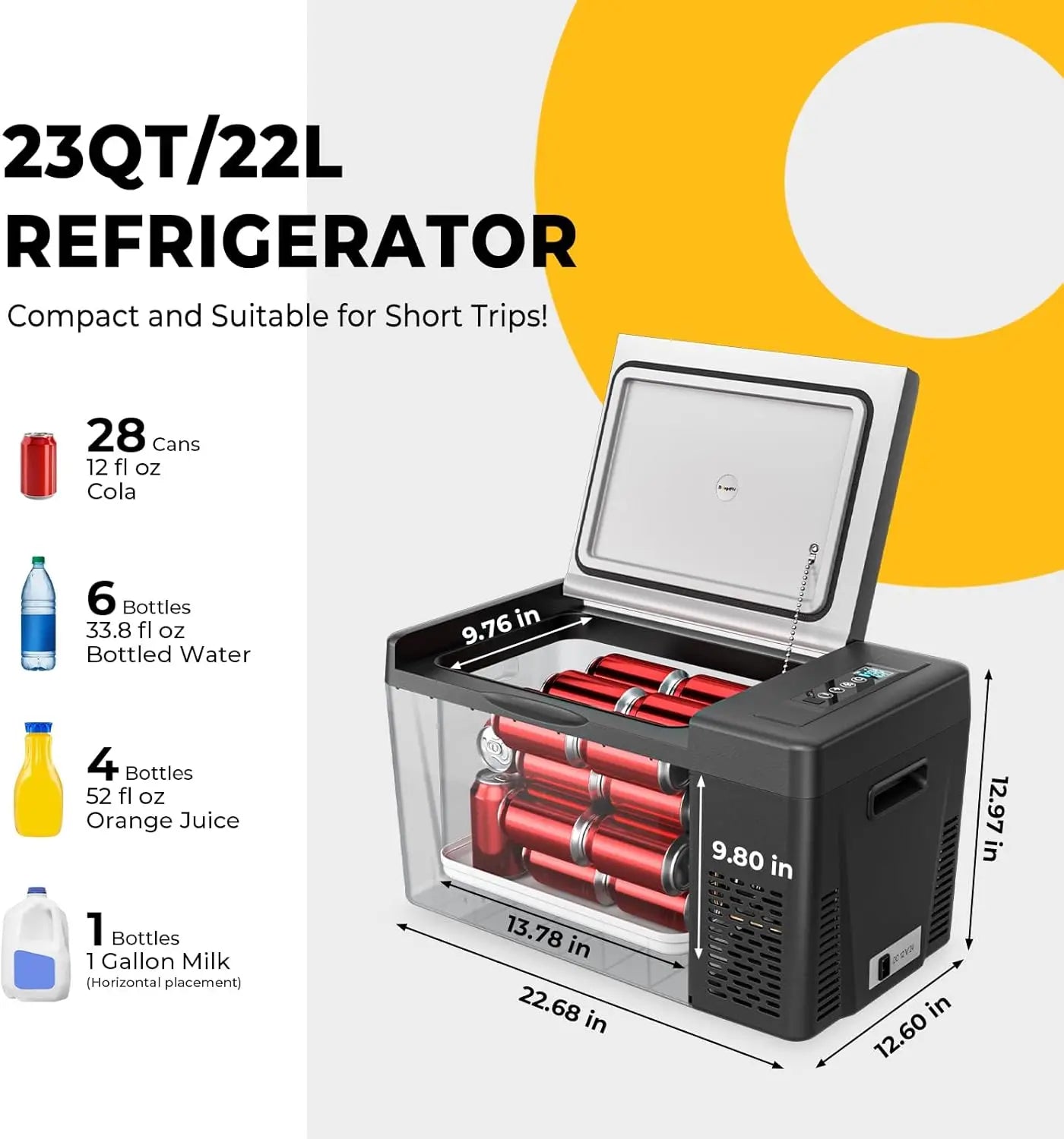 12 Refrigerator 12V Car Fridge 23 Quart Portable Freezer Compressor Cooler 12/24V DC 110~240V AC for