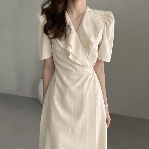 Retro Double Layered Collar Bubble Sleeve  Dress Elegant Short Sleeve V Neck Summer Casual Women's Dress