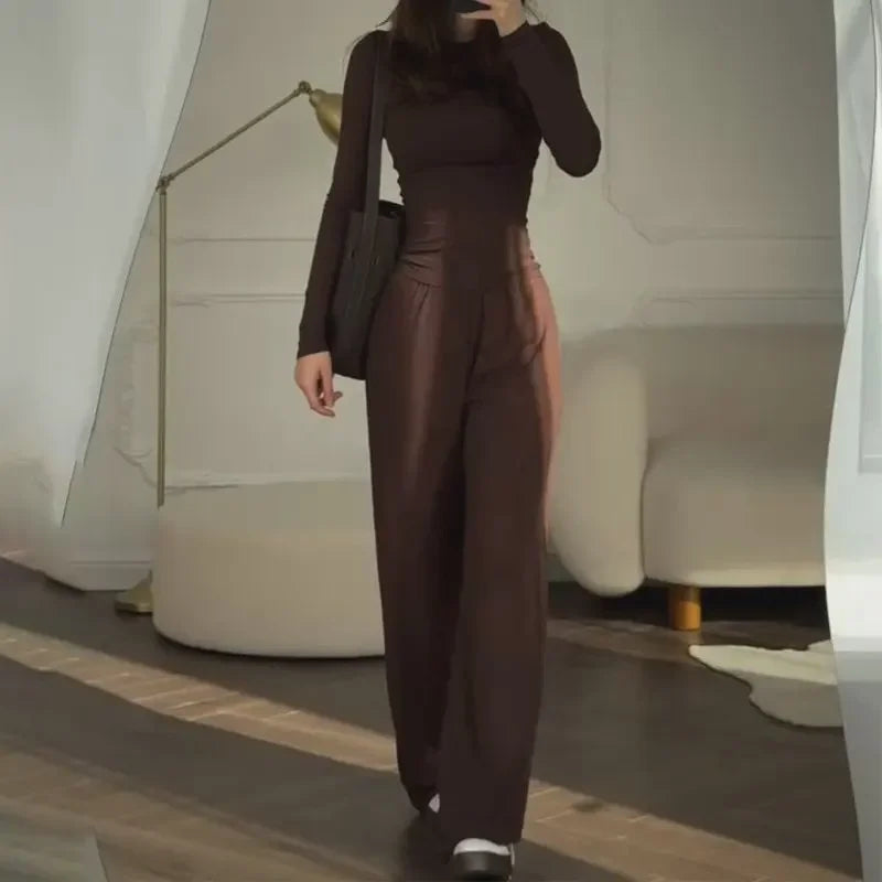 Women's Fashionable round Neck Long Sleeve Elastic Waist Pants Set Casual Style Two-Piece Suit Autumn Collection Trendy Outfit
