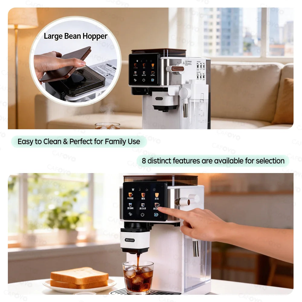 CAFOVO E151 3-in-1 Espresso Machine with Touchscreen Control and Built-in Grinder Automatic Milk Frother Cold Brew Coffee