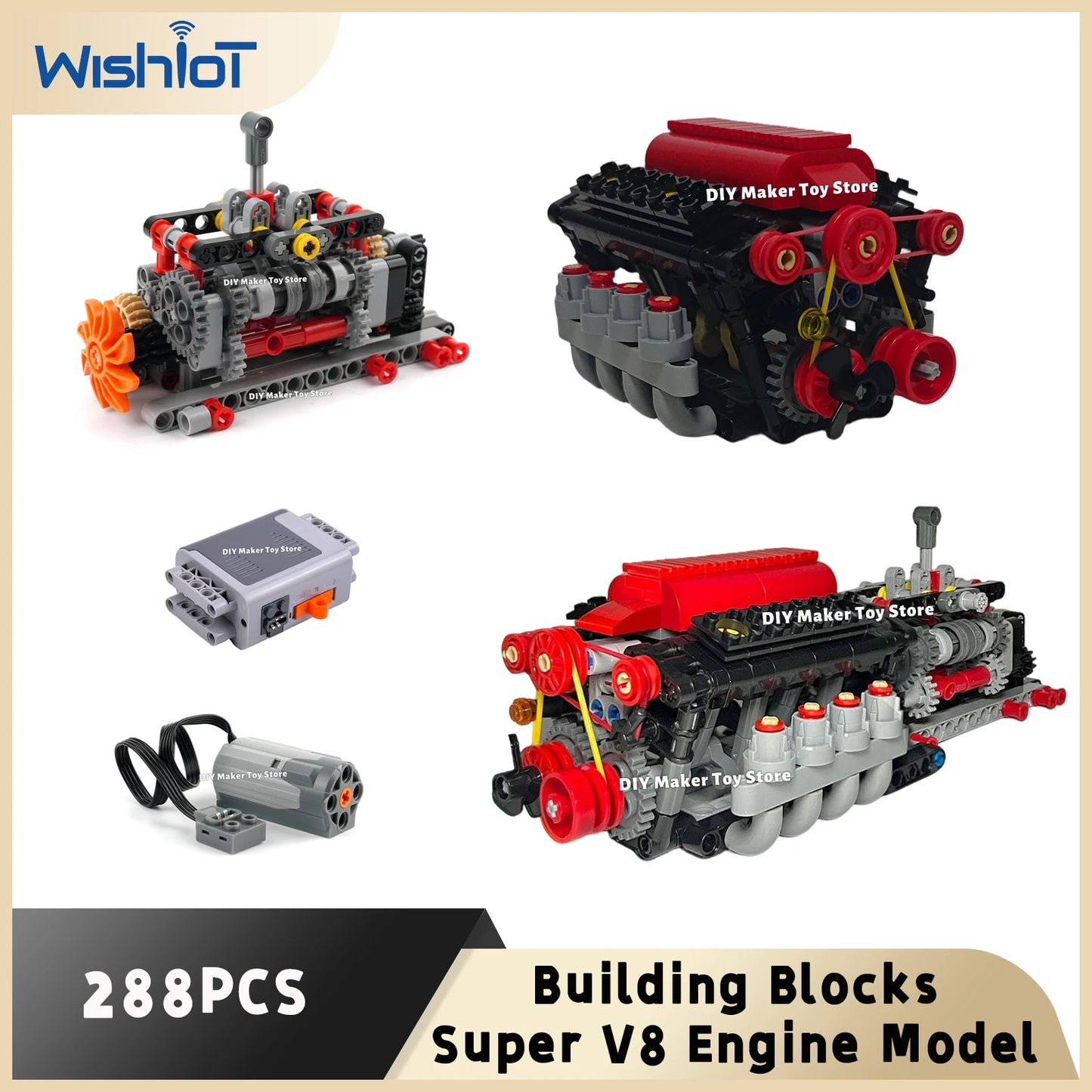 MOC Super V8 Engine Simulation Model Building Blocks Technology Car Parts 6 Speed Gearbox Power Motor Battery Box Boys Toys Gift