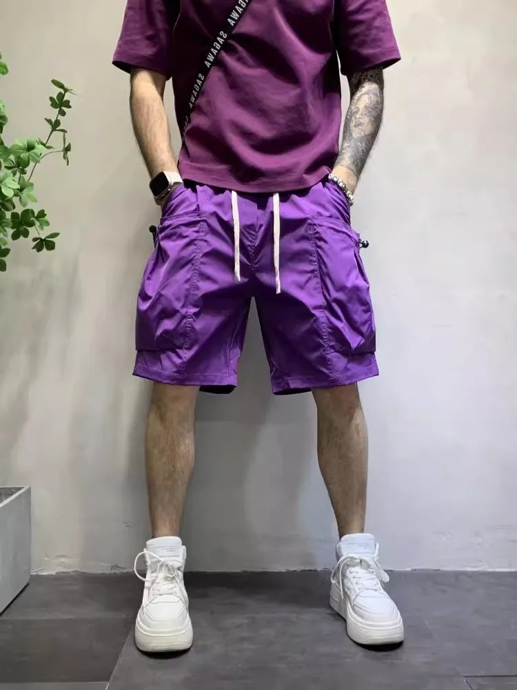 New Summer Beach Shorts Fashion Candy Color Big Pocket Mens Cargo Shorts Casual High Street Loose Fit Knee Length Trousers Male
