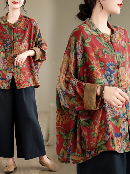 Large Size Spring Cotton Linen Print Button up irt Chinese Sle Tea Costume Retro Chinese Sle Outerwear Women's irt