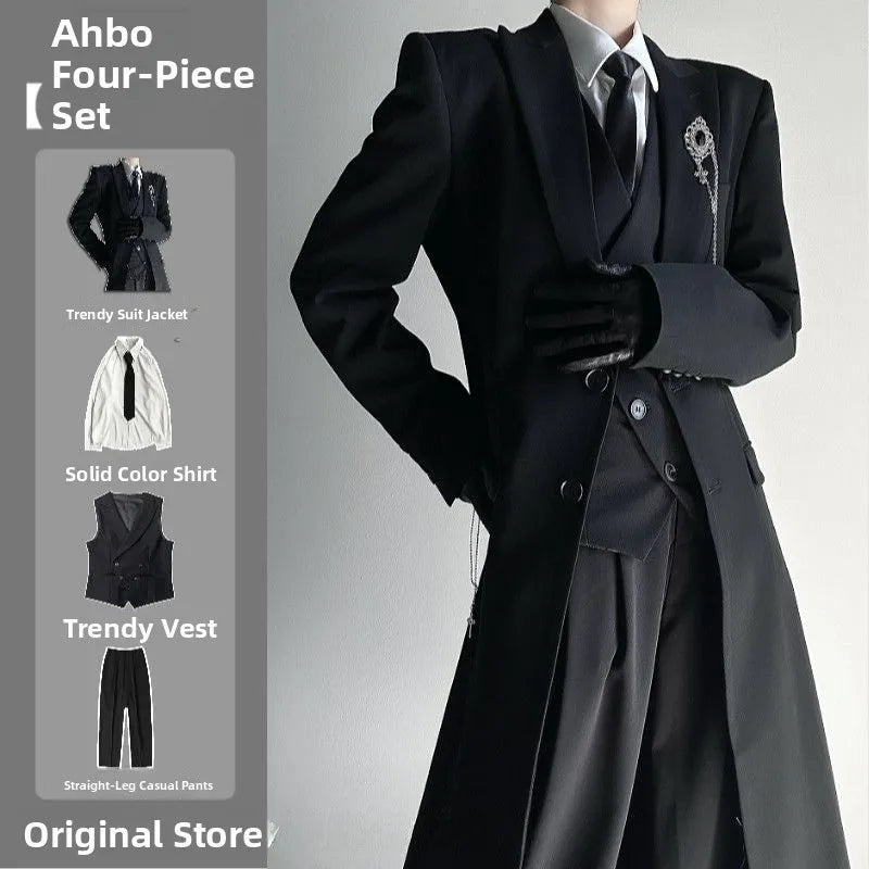 2025 New Long Tailored Coat Jacket Four-Piece Set Neutral Style Shoulder-Length Black High-End Feelings Casual Youth Fashion