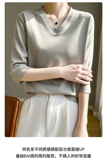 Spring And Summer New White Mercerized Cotton Cropped Sleeve T-shirt Feminine Joker 100% Cotton Bottoming Shirt Half Sleeve