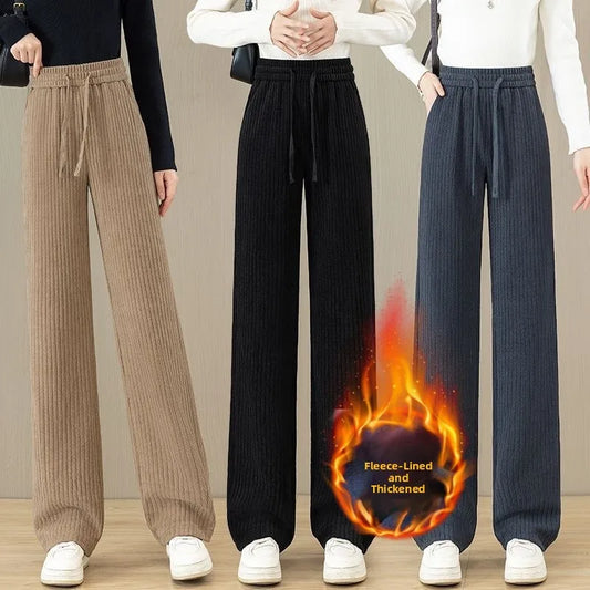 High Waist Thickened Fleece Women's Loose Pants Straight Leg Casual Trousers Korean Style Commute Fashion plus Size Ladies