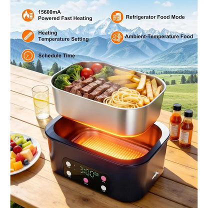 Portable 1.6L Electric Lunch Box with 15600mAh Battery, Timer-Preset Heating for Car, Outdoor, and Picnic Use