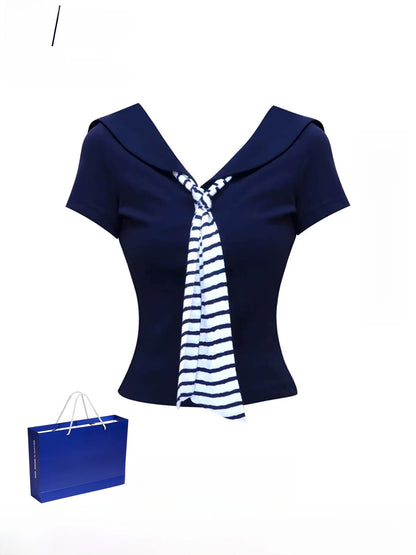 WASSUP Simple V-Neck Short Sleeve T-Shirt Women Summer Casual Slimming Navy Collar Top Korean Style Commute Fashion plus Size