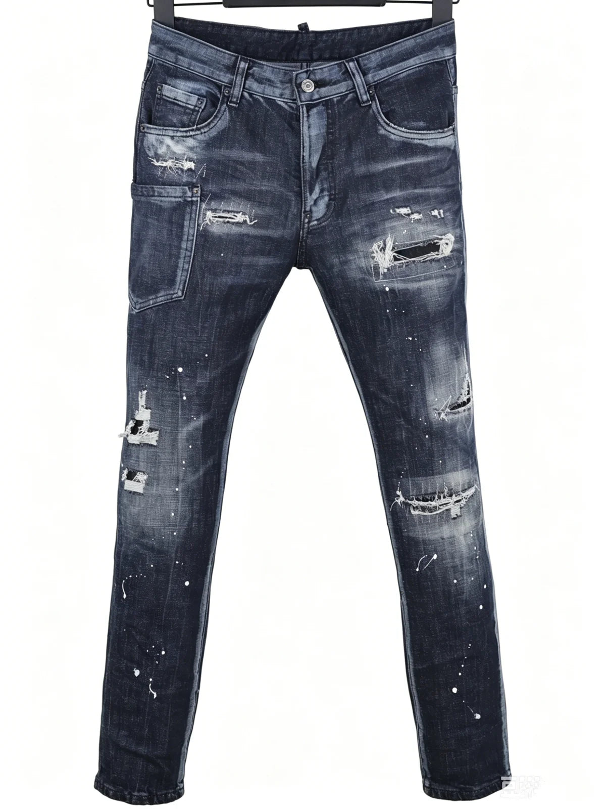 6057 Four Seasons New Men's Wear Washed Ripped Patch Paint Slim-fit Feet Blue Jeans for Men