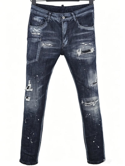 6057 Four Seasons New Men's Wear Washed Ripped Patch Paint Slim-fit Feet Blue Jeans for Men