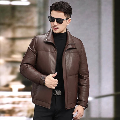 QYLVAWOY Real Leather Jacket Man Stand Collar Puffer Jacket  Winter Jackets Versatile Jackets for Man Short Coat Casual Fashion