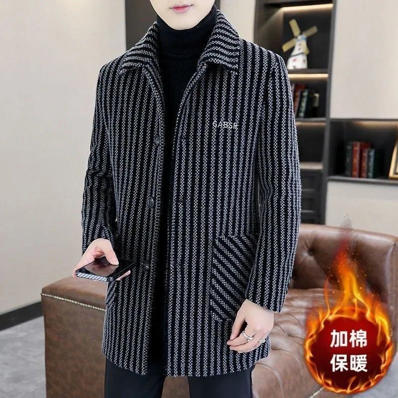 Winter Thickened Woolen Men's Coat Fashionable Striped Mid-Length Lapel Collar Windbreaker Versatile Stylish Business Casual