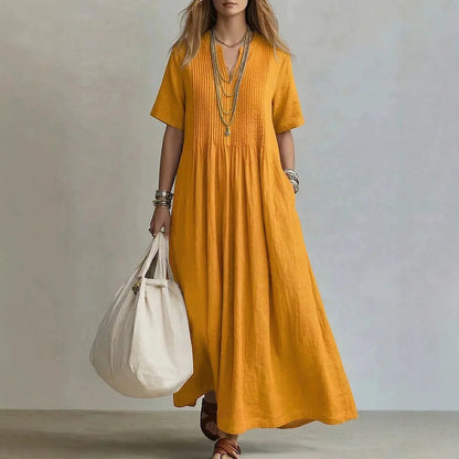 Casual Solid Color Linen Cotton Maxi Dress For Women Short Sleeve Loose Fit Long Dresses Relaxed Comfortable Summer Daily Wear