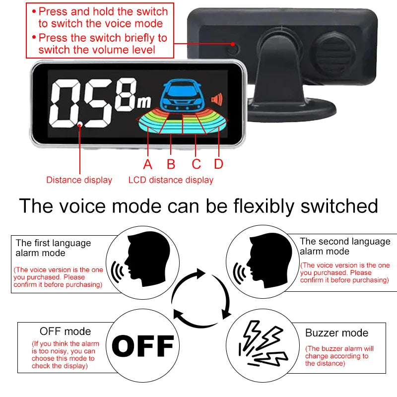 LCD Parking Sensor System Backlight Human Voice Alarm Display 4 Probes 12 Colors Backup Detector Parking Assistance Kit