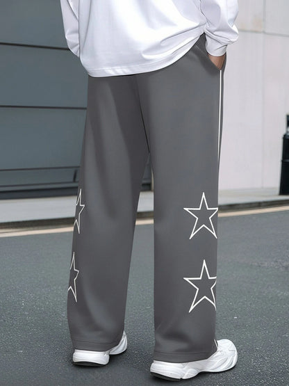 Men's Autumn Trendy Brand Five-Pointed Star Sweatpants, Loose Straight-Leg Casual Pants, Single Piece, with Drawstring Waistband and Contrasting Lines, Suitable for Street Fashion, Sports, Fitness, and Daily Commuting