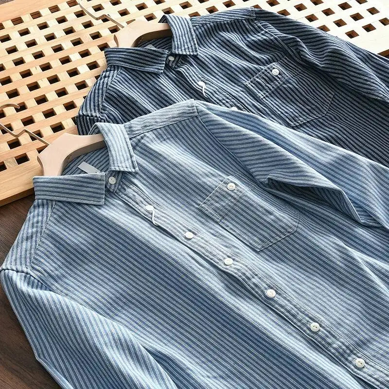 Amekaji Men's Pure Cotton Denim Long Sleeve Shirt Vertical Stripes Washed Vintage Slightly Loose Casual Button Down Shirt Top