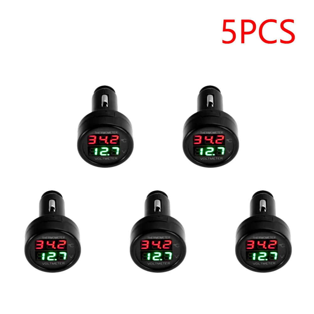 2 IN 1 12V 24V Car Voltmeter Thermometer Cigarette Lighter Car Battery Monitor LED Digital Dual Display For Cars Trucks RVs Boat