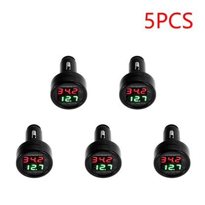 2 IN 1 12V 24V Car Voltmeter Thermometer Cigarette Lighter Car Battery Monitor LED Digital Dual Display For Cars Trucks RVs Boat