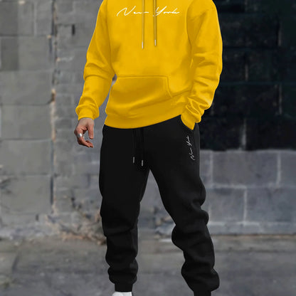 Men's printed hooded sweater and fleece pants set new two-piece winter-spring boyfriend sweatshirt and drawstring casual pants