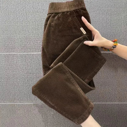 Autumn Winter Thickened Corduroy Casual Harlan Pants for Mom High Waist Loose Fit Straight Leg Casual Outerwear Polyester Fiber