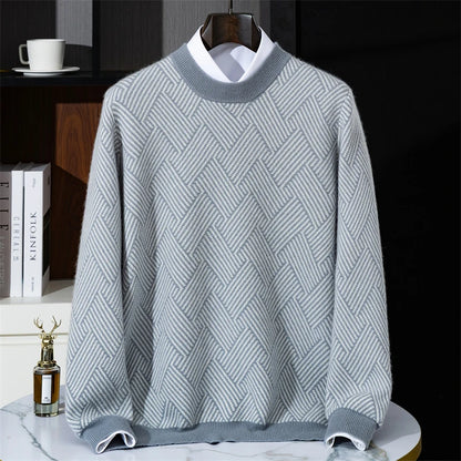 Autumn and winter new thick 100% pure cashmere men's round neck jacquard loose color matching leisure sweater cashmere sweater