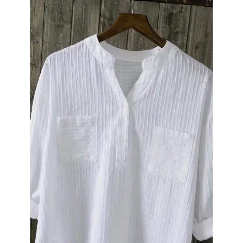 Plus Size Shirts Women's Cotton Tops Mujer Office Long Sleeve New Korean Loose Casual Vertical V-neck Shirts Top Blusas De Mujer
