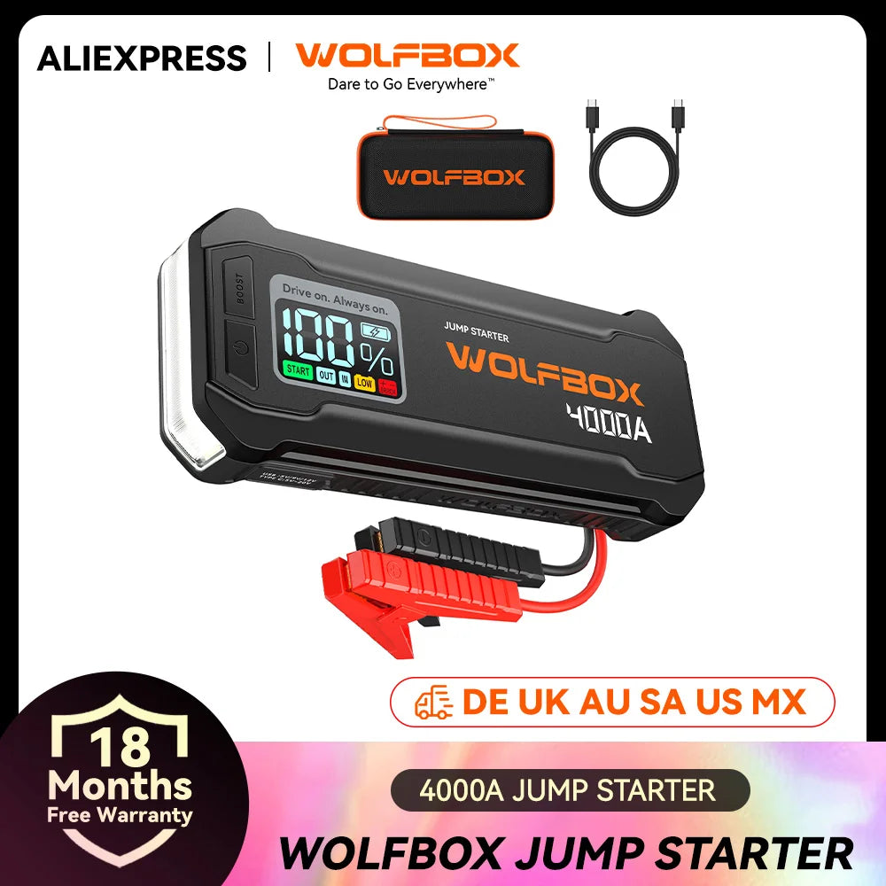 WOLFBOX 4000A Jump Starter,12V Car Battery Jump Starter,65W Quick Charge 24000mAh for 8L Gas 6L Diesel Engine with Booster