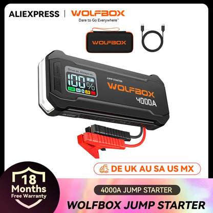 WOLFBOX JS24 4000A Portable Jump Starter Battery Pack Power Bank 24000mAh for 10L Gas 10L Diesel Engine with Booster