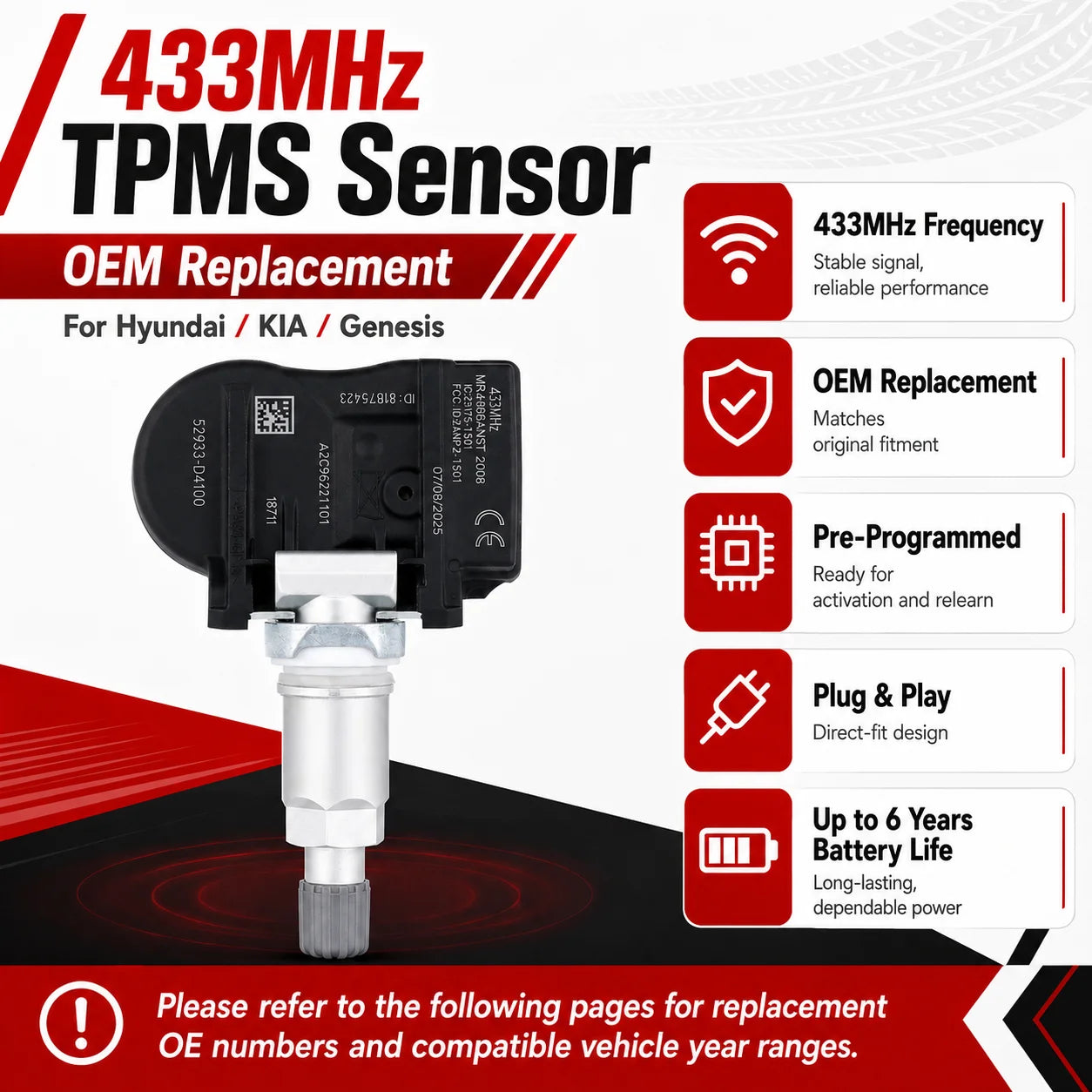 TPMS Sensor For Hyundai Elantra 2015-2020 433MHz 52933D4100 Tire Pressure Sensor