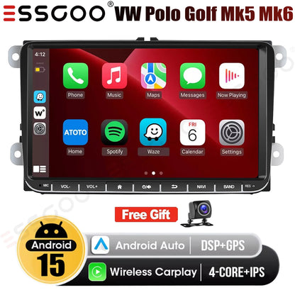 9" Android 15 4+64Gb for Vw Golf Mk5 Mk6 Passat Polo Touran Tiguan Caddy Car Stereo Radio Wifi Carplay Gps Navi Fm Bt+Dvr&Ahd