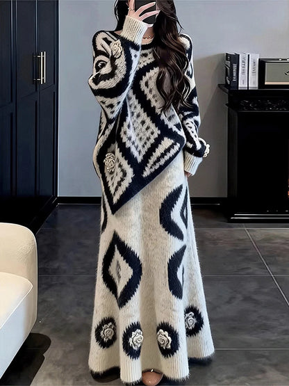 Soft Knitted Set Women's Winter Sweater  Skirt Two-Piece Set Elegant Unique Beautiful Whole Set Fashionable Fre...