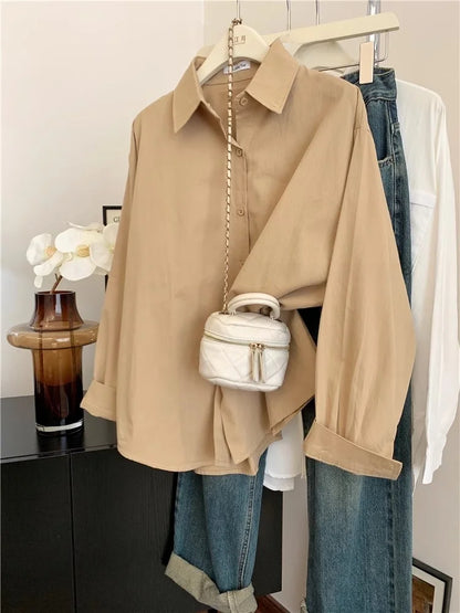Spring Autumn Design Sensual Casual Versatile Slimming Outerwear Shirt Loose Fit Long Sleeve Polyester Flip Collar Women's Shirt