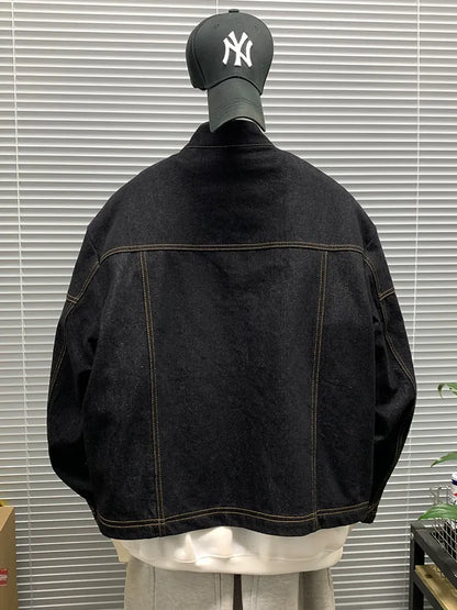 American Vintage Denim Jacket Men Stand Collar Cotton Spring Metal Button Splicing Regular Fit Streetwear Trendy Casual Outwear
