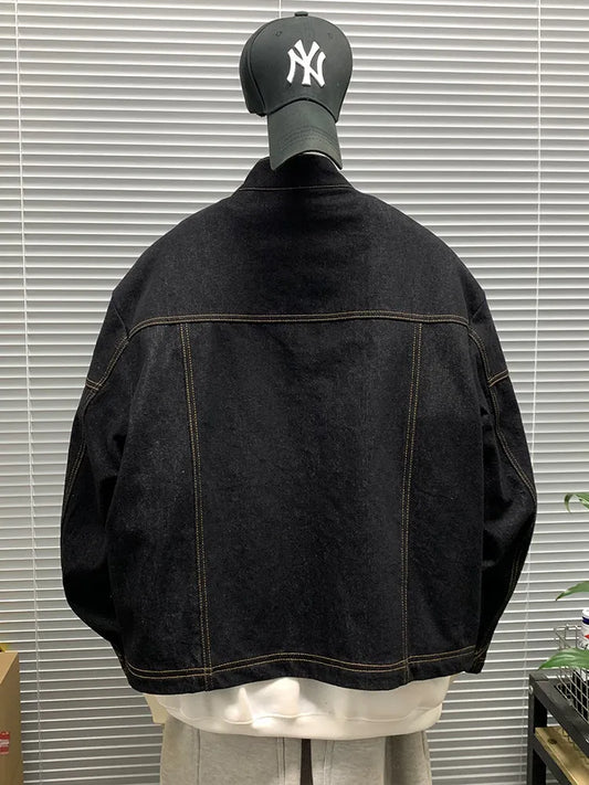 American Vintage Denim Jacket Men Stand Collar Cotton Spring Metal Button Splicing Regular Fit Streetwear Trendy Casual Outwear