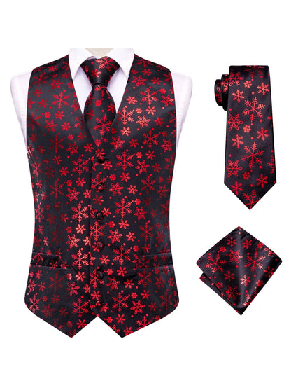 Men's Christmas Print Vest 3-Piece Set: Vest, Tie, Pocket Square, Red Blue Green Yellow for Holiday Parties