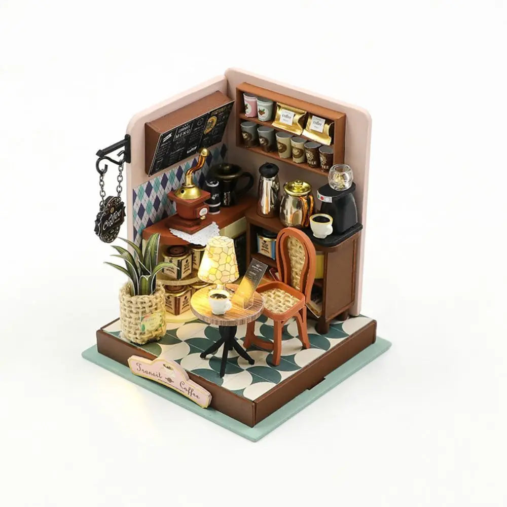 Handmade Coffee Shop Dollhouse Kit Wooden Material Assembly Required Wooden Assembly Mini Size 3D Design DIY 3D Puzzle