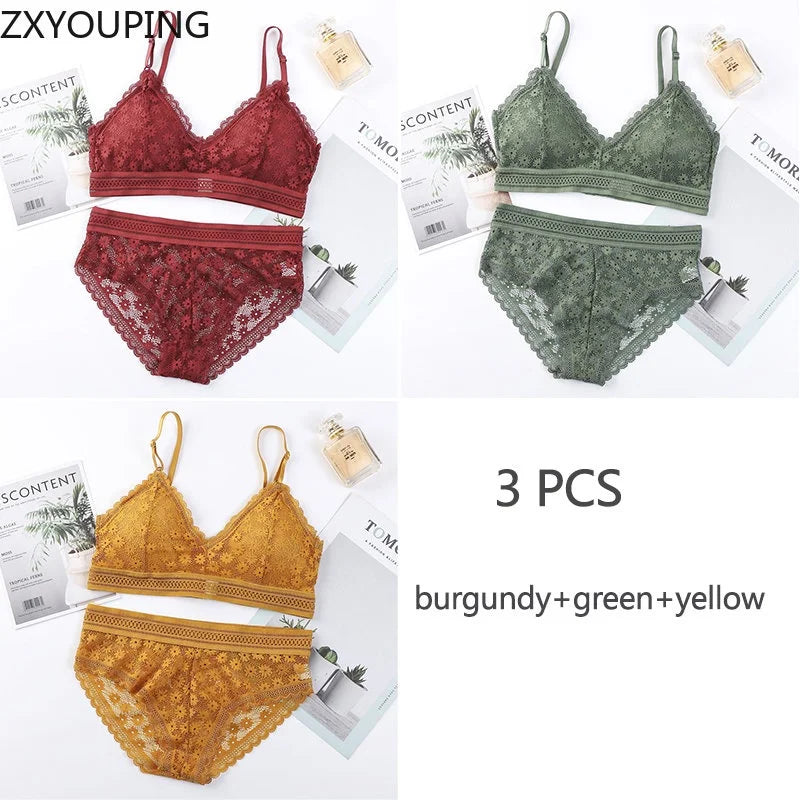 3 Piece Set Bra Sexy Lace Beauty Back Suit Underwear Gather Seamless Women's Underwear Panties Comfortable Lingerie