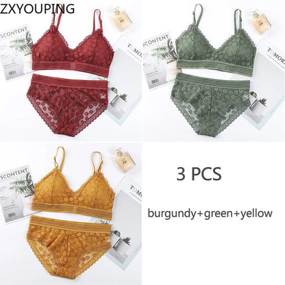 3 Piece Set Bra Sexy Lace Beauty Back Suit Underwear Gather Seamless Women's Underwear Panties Comfortable Lingerie