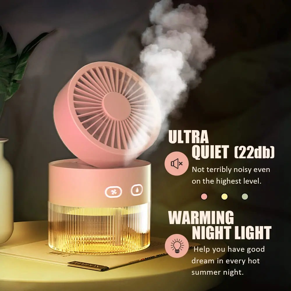 Portable Spray Fan USB Rechargeable 3 in 1 Cooling Humidifier Aroma Diffuser Night Light Desk Fan for Office Dorm Car Travel