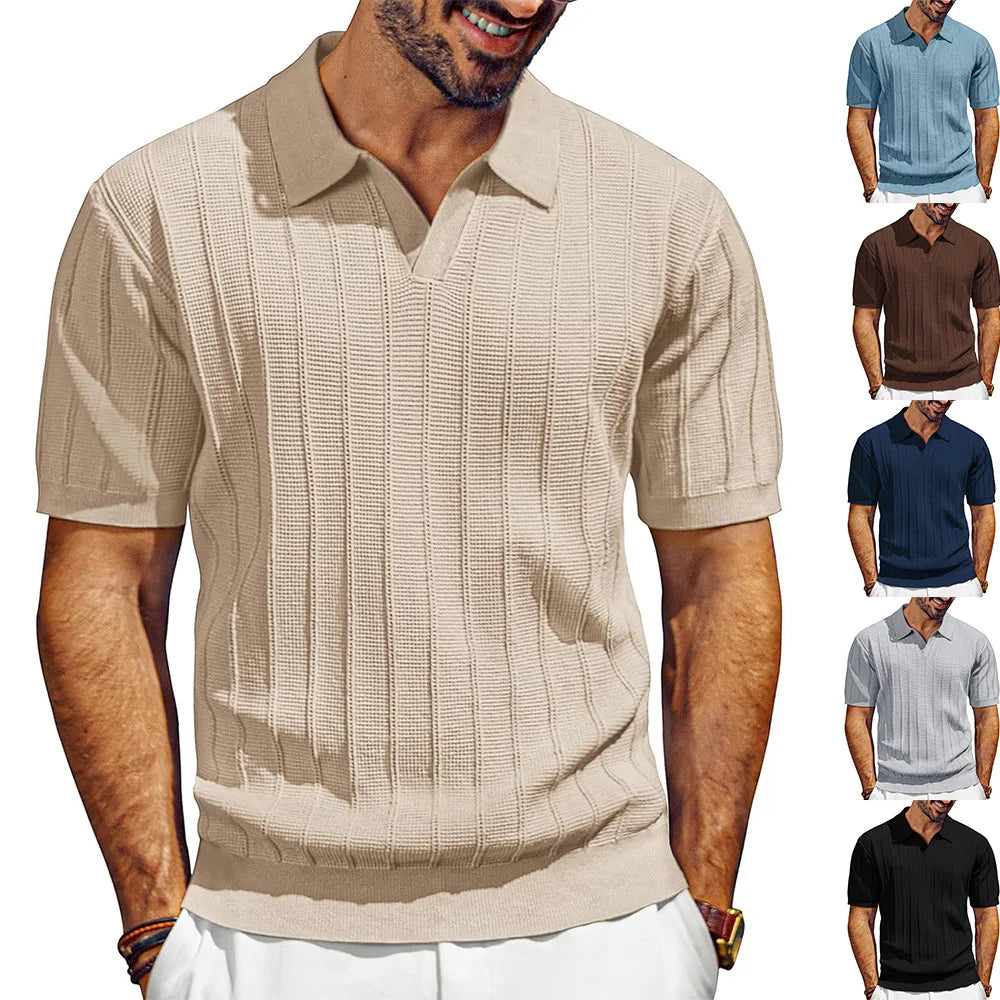 Men's Knit Polo Shirt Short Sleeve V Neck Ribbed Casual Summer Top 2026