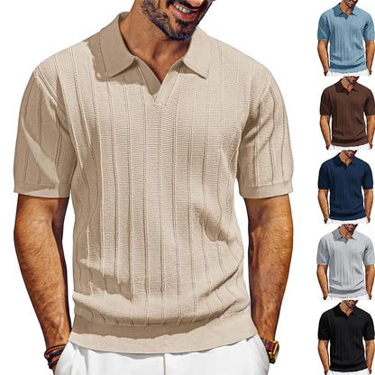 Men's Knit Polo Shirt Short Sleeve V Neck Ribbed Casual Summer Top 2026