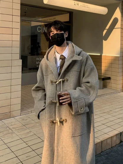 Japanese Style Woolen Coat with Horn Buttons Unisex Winter Loose Long Hooded Jacket Thickened Cotton Youthful Vitality Style
