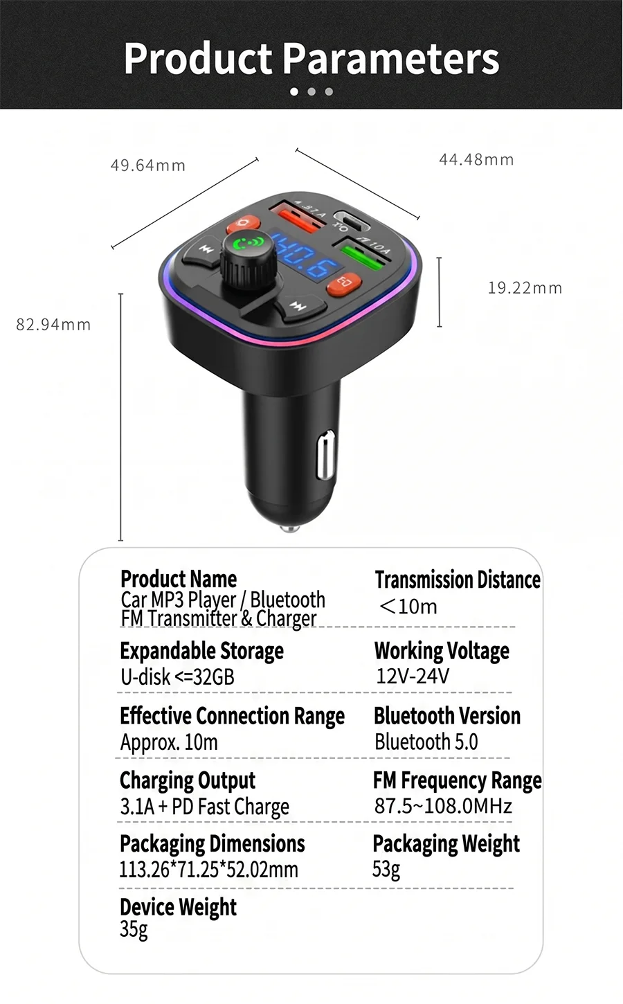 Car Bluetooth 5.0 FM Transmitter Audio Adapter RGB Colorful Light Triple Port PD Fast Charger And USB & One-Key Deep Bass Boost