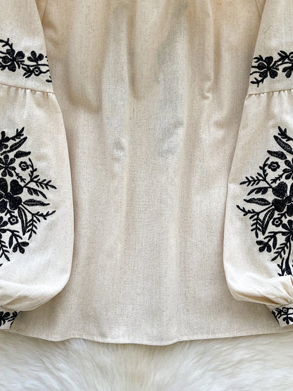 Women Bohemian Blouse Embroidered Lace Up V- Neck Lantern Sleeve Blouse Autumn Embroidery Linen-cotton Blend Female Top D78