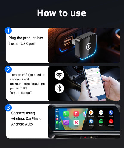 Smart 2in1 CarPlay Android Auto Adapter, Universal Mini Wireless Dongle for Car Entertainment System, Plug and Play Upgrade Wire